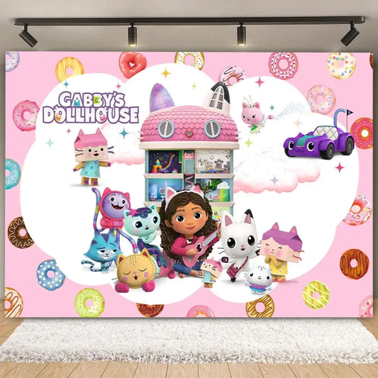 Gabby's Dollhouse Party Background Pink Cat Vinyl Banner for Kids Birthday Decoration UK