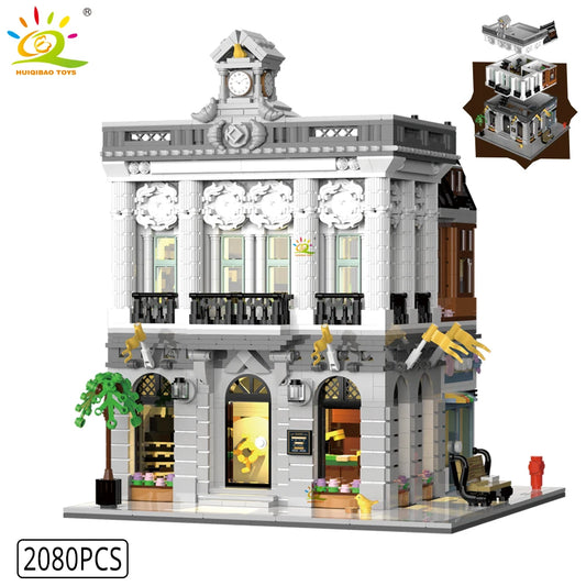 city corner coffee shop micro building blocks architecture street view construction set