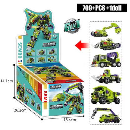 6 in 1 transforming car and robot building blocks toy for kids made from ABS plastic