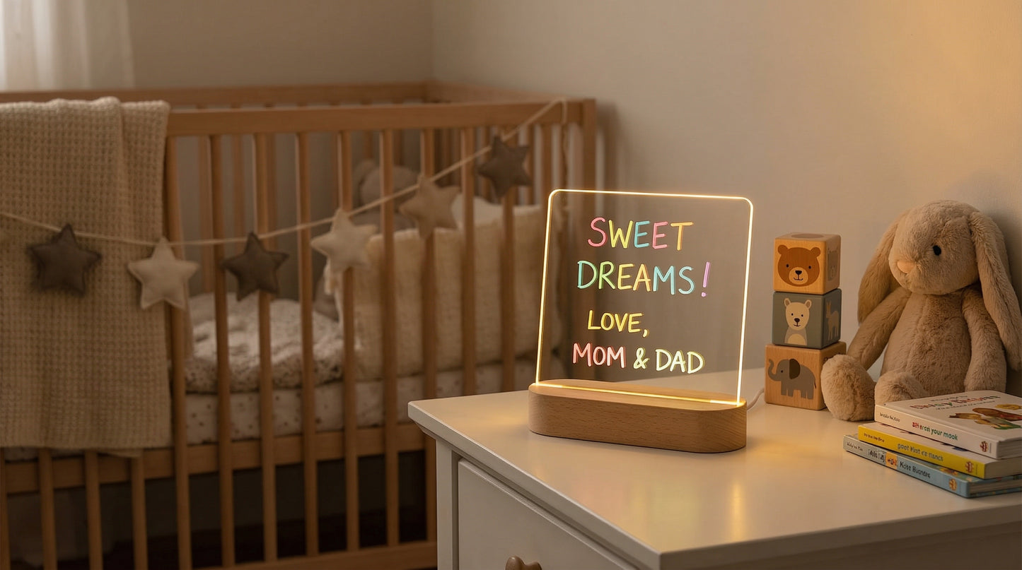 Baby room with crib, plush toys, and a night light displaying 'Sweet Dreams! Love, Mom & Dad'.