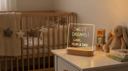 Baby room with crib, plush toys, and a night light displaying 'Sweet Dreams! Love, Mom & Dad'.