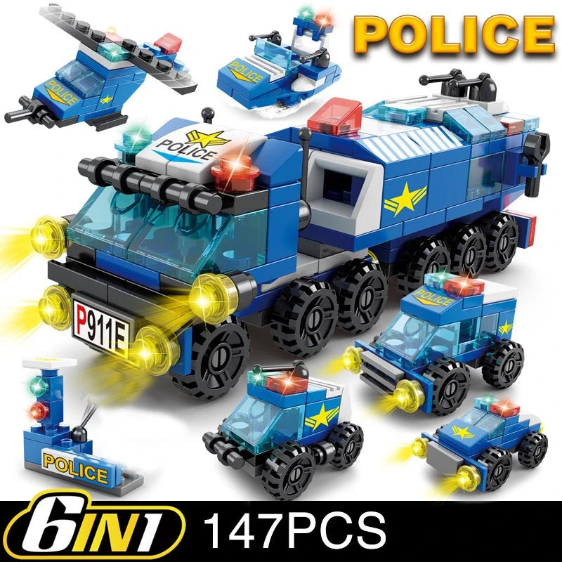 6-in-1 City Building Blocks Set with Police and Fire Engineering Vehicles for Kids UK