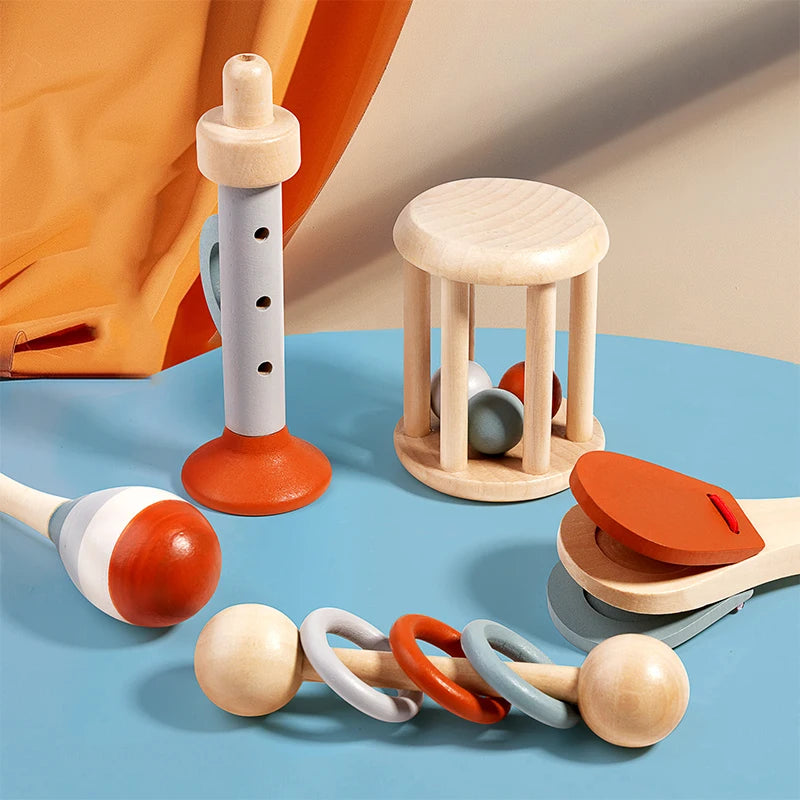 5-Piece Wooden Baby Musical Instruments Set, Montessori toys for toddlers, baby musical instruments, wooden rattles, UK stock"