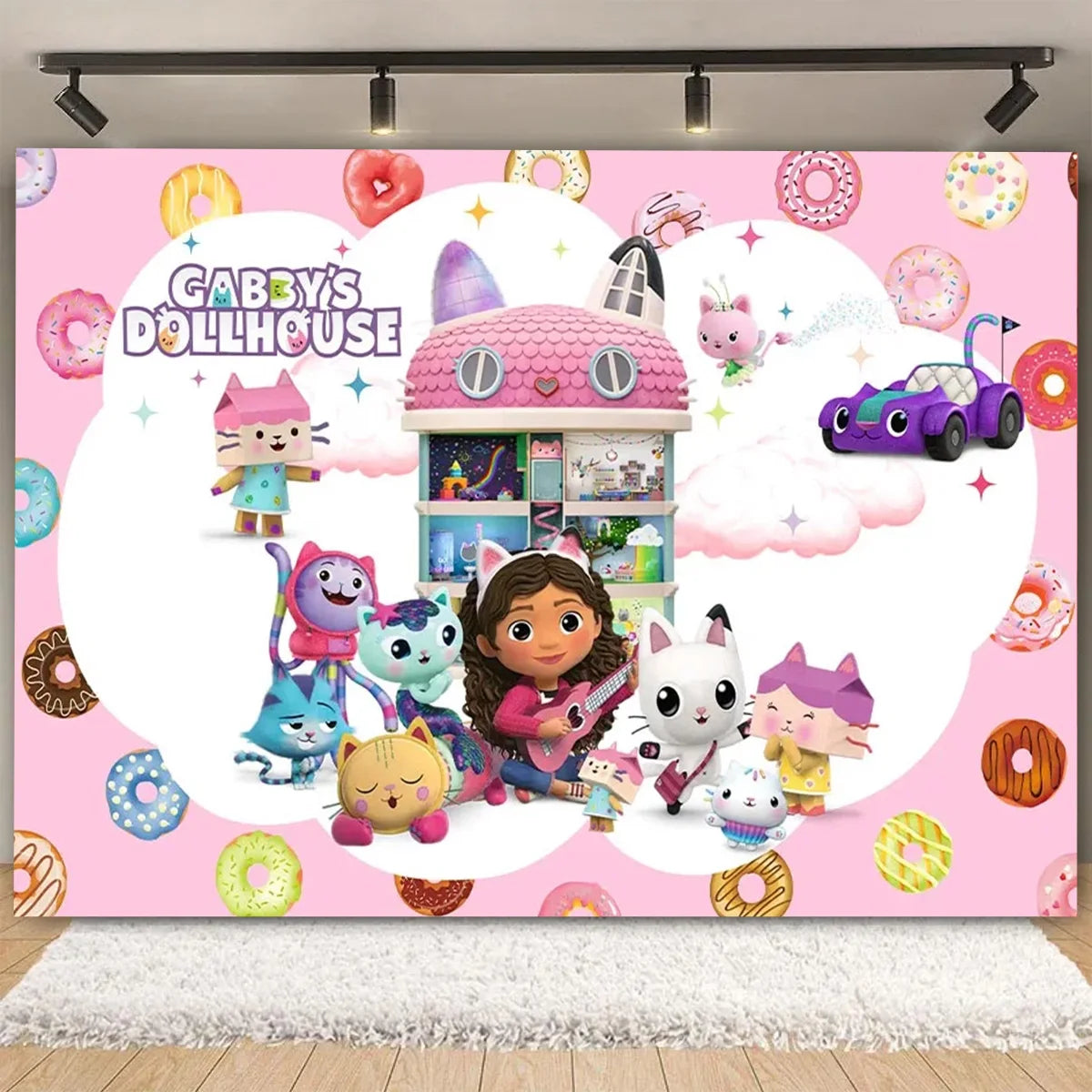 Gabby's Dollhouse Party Background Pink Cat Vinyl Banner for Kids Birthday Decoration UK