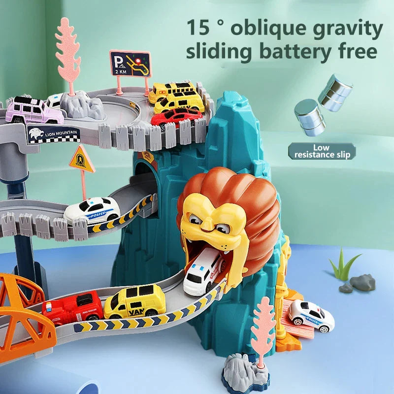 “Lion theme toy car racing track set for kids birthday gift with colourful animal design”