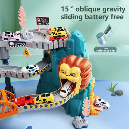 “Lion theme toy car racing track set for kids birthday gift with colourful animal design”