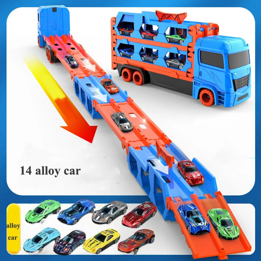 Large car transporter truck with folding racing track and alloy toy car for kids competitive play
