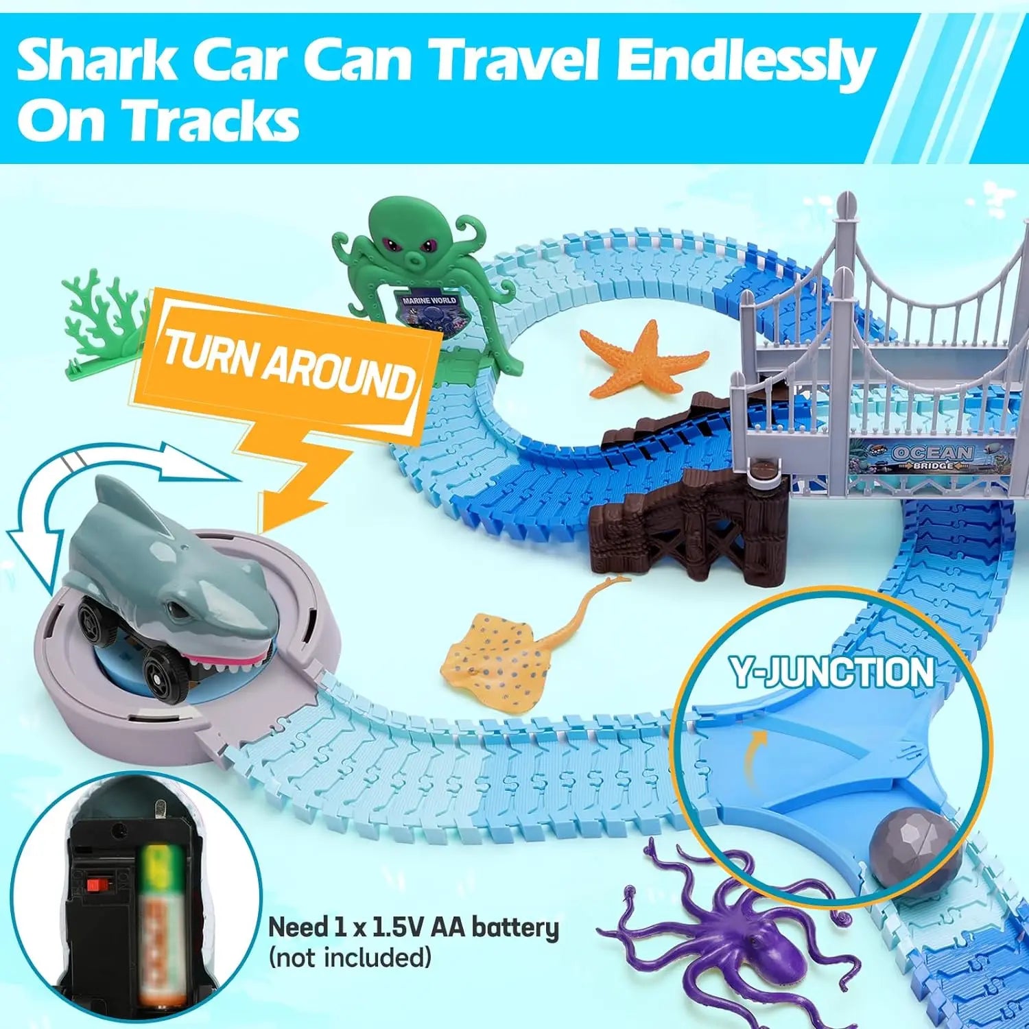 Shark Race Car Flexible Track Set with Ocean Theme and STEM Building Blocks for Kids UK