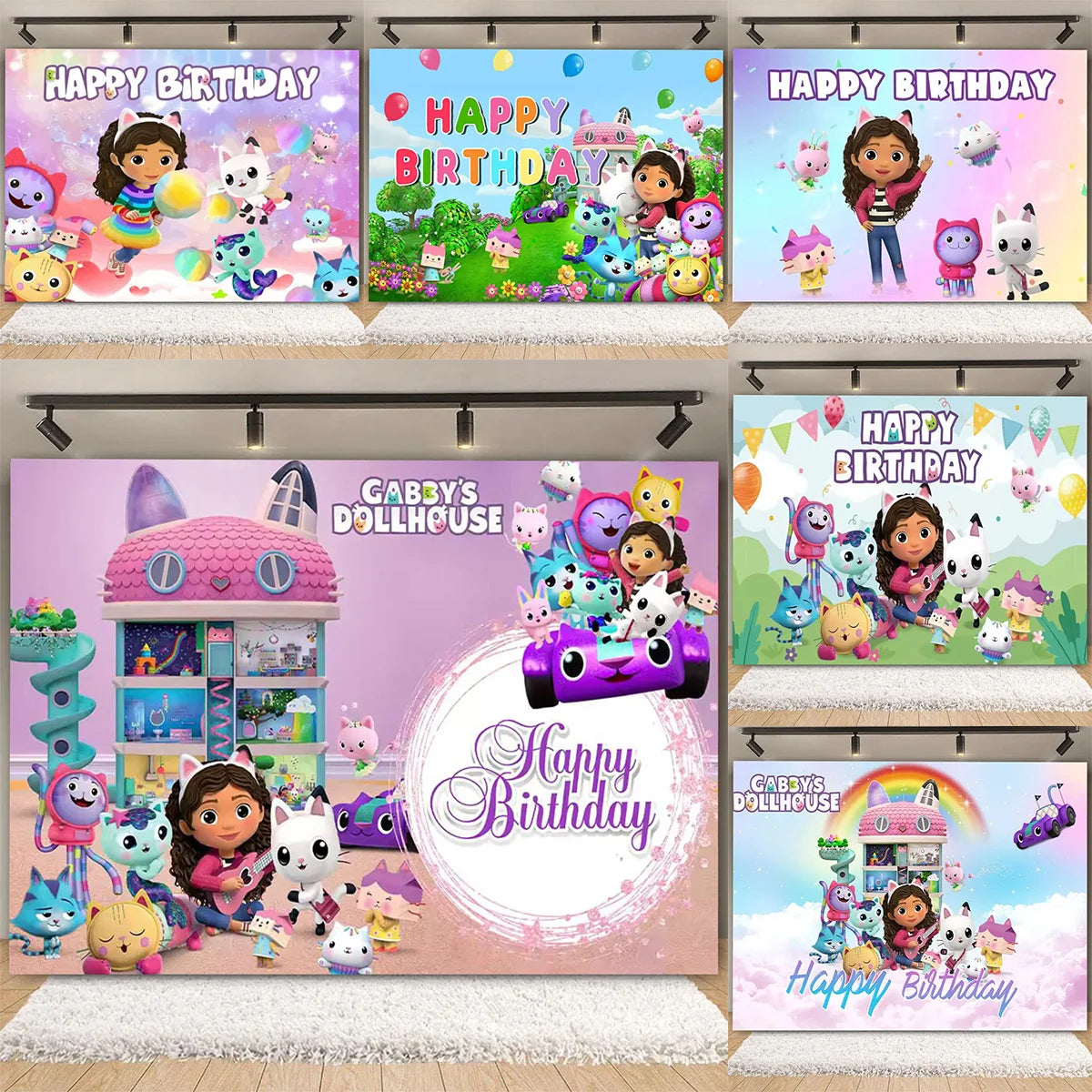 Gabby's Dollhouse Party Background Pink Cat Vinyl Banner for Kids Birthday Decoration UK