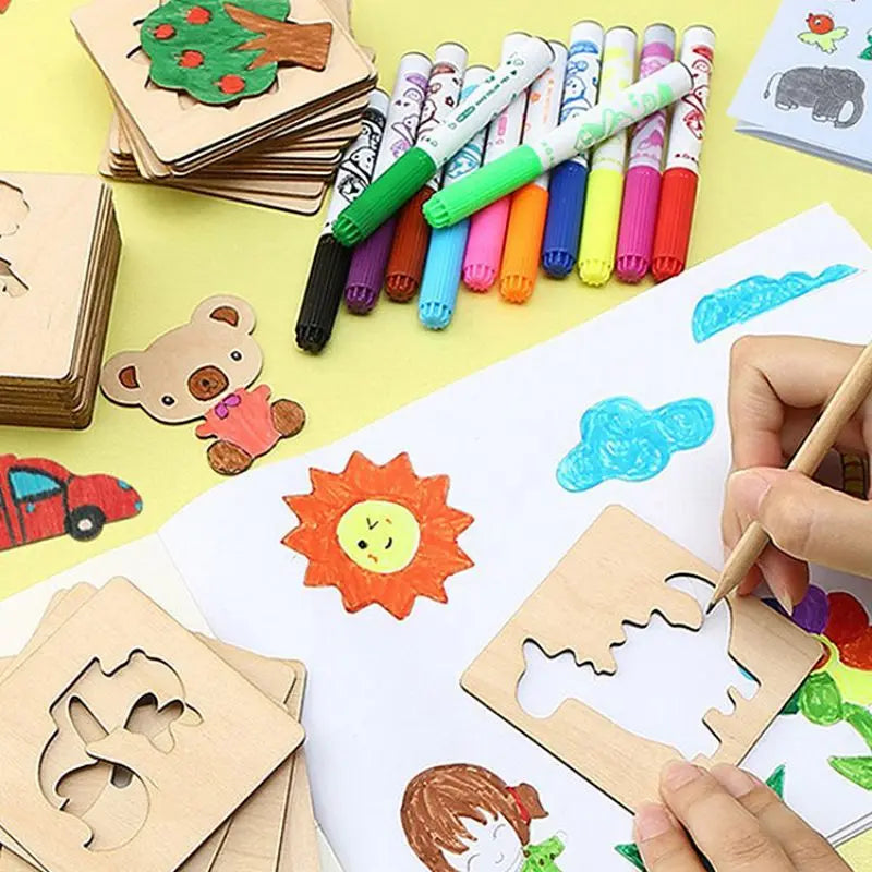 Wooden DIY Drawing Template Set 42 Pieces Kids Art Stencils UK